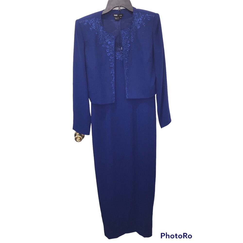 Vintage Rimini By Shaw 2 Piece Long Dress Gown size 10 W/ Jacket Blue Embroided